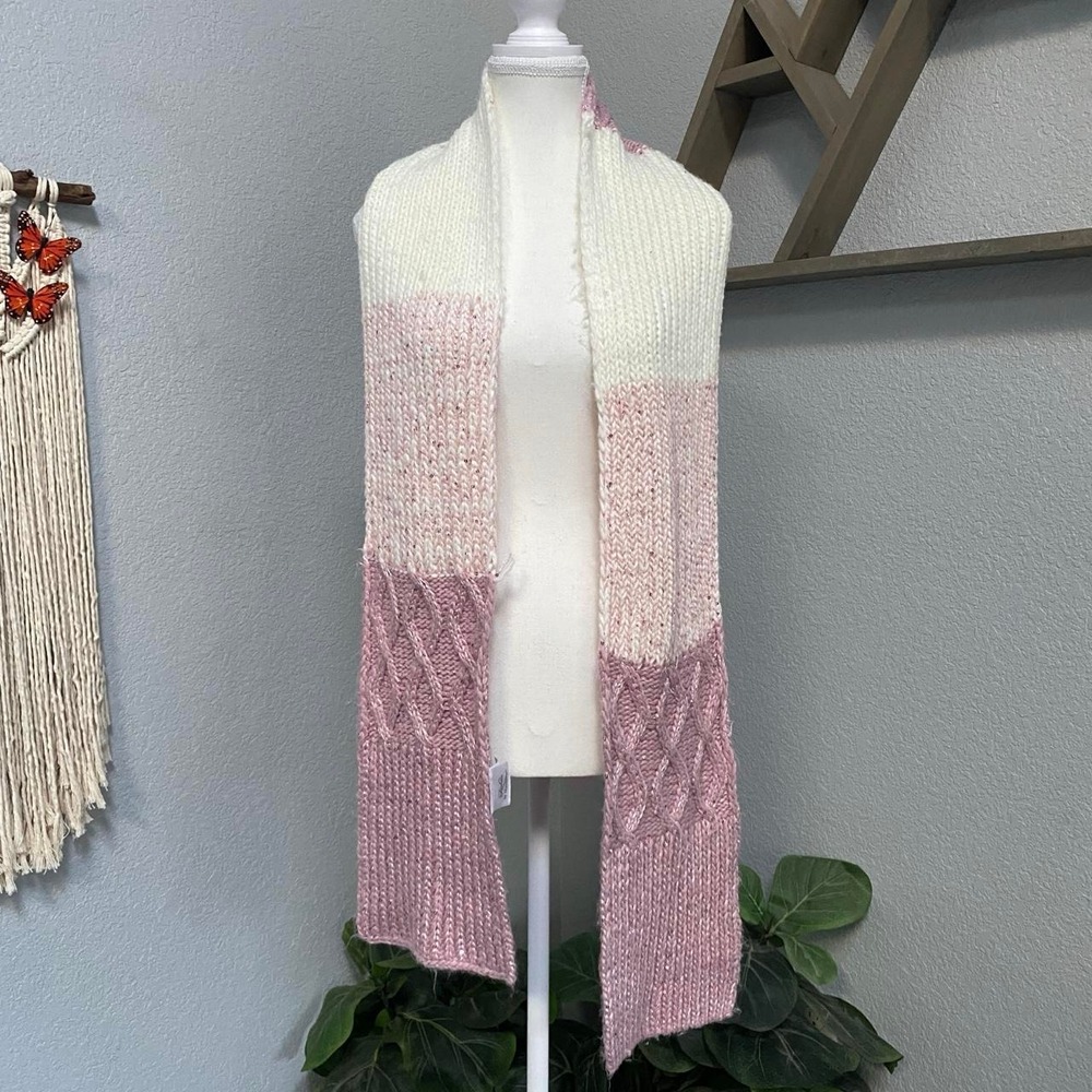 PINK CREAM KNIT STRIPE COLORBLOCK SCARF SEQUIN Y2K WINTER WONDERLAND COTTAGECORE